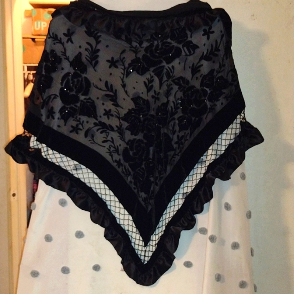 LUCY SILK..100%,burn out velvet black silk shawl with silk ruffled edge